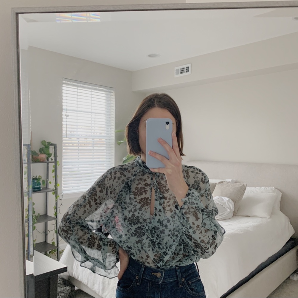 Zara Blouse Powder Blue Floral Sheer Mock Neck Long Sleeve